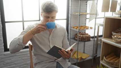 Young man reading a book while drinking coffee in a bakery, surrounded by shelves with fresh pastries, in a bright and cozy interior.