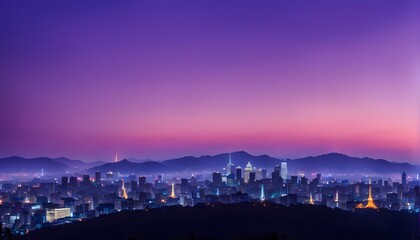 Naklejka premium Silhouette of the Seoul skyline with Namsan Tower under a deep purple and blue twilight, Ai Generated