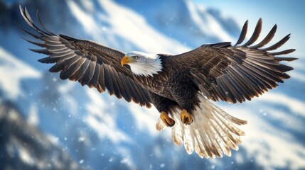 Obraz premium Bald Eagle in Flight Against a Snowy Mountain Background.