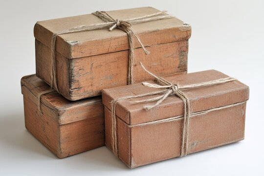 Stacked wooden boxes tied with twine. Perfect for a vintage or rustic theme.