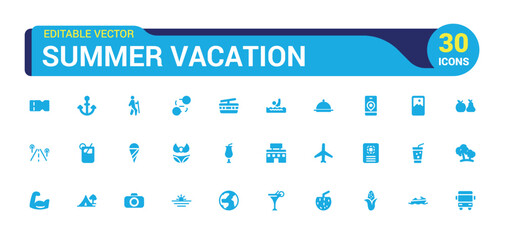 Summer Vacation solid icons. Tourism and beach icons in filled style. Travel, holiday, camera. Flat icon collection. Vector illustration.