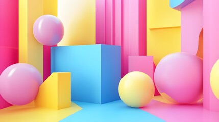 pink blue yellow geometric shape pattern colorful 3d render scene. 
