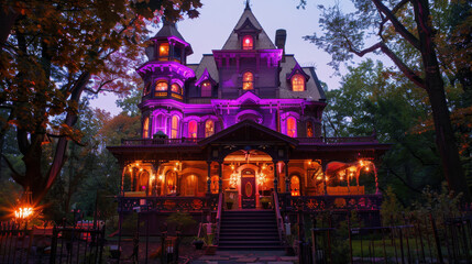 Fototapeta premium stunning Victorian mansion illuminated with vibrant purple and orange lights, surrounded by lush trees. intricate architecture and festive ambiance create captivating atmosphere