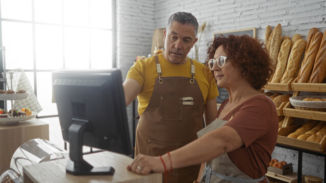 Man and woman bakers working together in a bakery shop interior reviewing orders on a computer with breads displayed in the background.