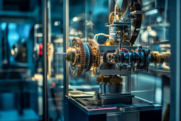 Fototapeta premium A machine with gears and a small red button. The machine is in a room with a blue background