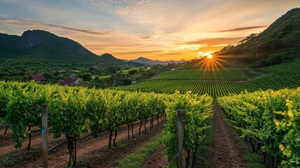 Naklejka premium A beautiful sunset view at the vineyards in Wang Nam Khiao, with grapevines glowing in the evening light.