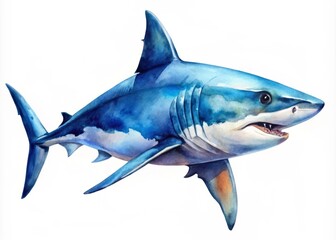 Obraz premium This vibrant watercolor depiction of a shark stands out against a pristine white background, ideal for various creative