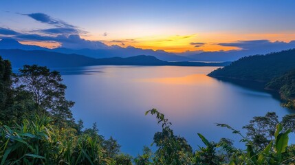 A beautiful view of Lam Takhong Reservoir during a tranquil evening.