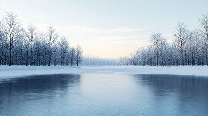 Winter landscape with calm water reflecting snow-covered trees and clear sky.