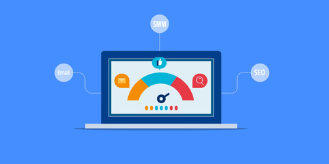 Digital meter on laptop screen analysing internet marketing performance, SEO, social media and email business promotion strategy, vector illustration concept.