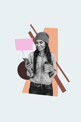 Vertical creative art collage of happy girl wear headphones hold coffee cup takeaway order phone sms isolated on painting background