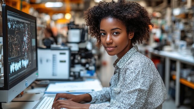 A female scientist in a white lab coat, using advanced AI tools on a sleek computer to simulate and design molecular structures, with a futuristic lab environment in the background