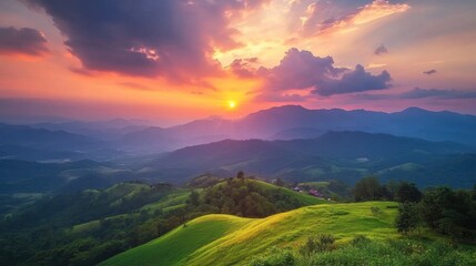 A peaceful sunset at the scenic Wang Nam Khiao hills, with vibrant skies and rolling landscapes.