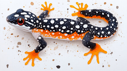 Vibrant spotted lizard with a striking orange and black pattern, showcasing its unique features against a light background.