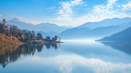 Fototapeta premium A scenic view of Lam Takhong Dam, with the reservoir reflecting the mountains.