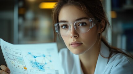 A young female STEM professional utilizing artificial intelligence to refine a molecular model on her workstation, with glowing digital molecular graphics and data charts surrounding her workspace