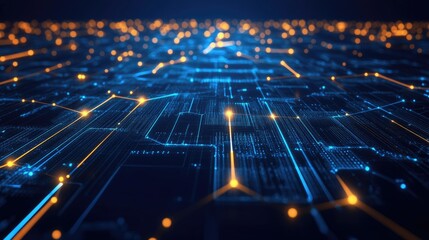 High-tech blockchain network in 3D, with data points connected by glowing lines, set against a deep blue cyberspace matrix. Ideal for digital data analysis concepts.