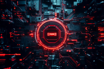 A close up of a red and black computer chip. The chip is surrounded by a red circle and is surrounded by a black background. The image has a futuristic and industrial feel to it