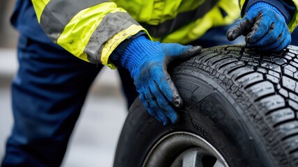 Fototapeta premium A worker in a reflective jacket inspects a tire, highlighting the importance of maintenance and safety in vehicle care.