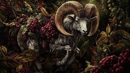 Obraz premium Ram in the Vines: A Detailed Digital Painting of a Ram Surrounded by Grapes and Leaves