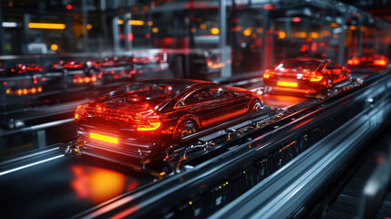Fototapeta premium Futuristic cars on production line, showcasing advanced technology and automation in vibrant, illuminated factory setting. scene captures essence of modern manufacturing