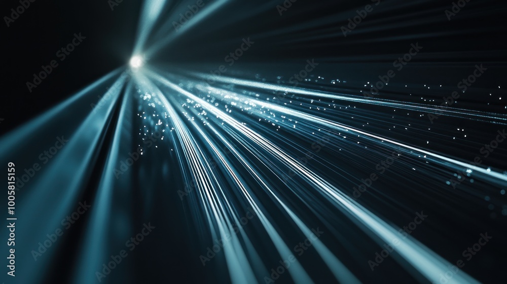 Poster abstract representation of light beams and particles creating a dynamic digital atmosphere.