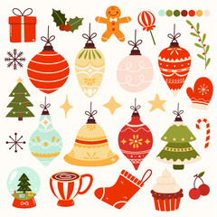 Festive Christmas-themed illustrations, including ornaments, a gingerbread man, a Christmas tree, gifts, and cozy winter items like mittens and stockings in a warm, playful style