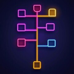 A glowing neon tree structure with colorful branches and nodes set against a dark background, symbolizing connections or data flow.
