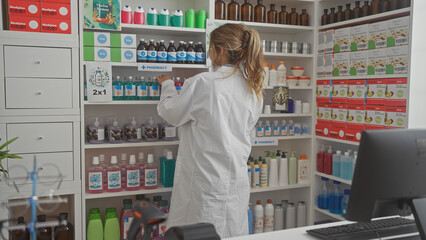 Back view of a young blonde woman pharmacist reaching for medicine in a modern drugstore