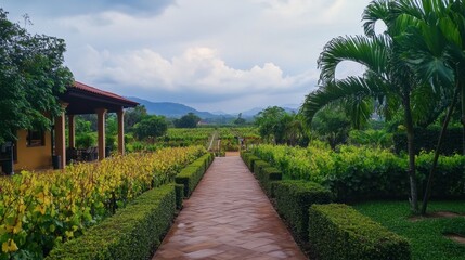 Fototapeta premium A tranquil walk through the vineyards of PB Valley Khao Yai Winery, surrounded by lush vines.
