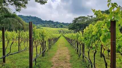 Fototapeta premium A tranquil walk through the vineyards of PB Valley Khao Yai Winery, surrounded by lush vines.
