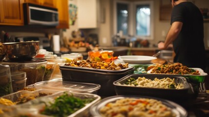 Obraz premium Kitchen Countertop with Food Dishes and a Man in the Background