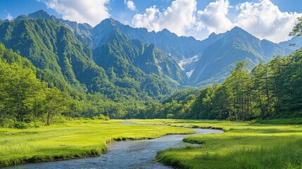 Kamikachiaes lush green valley with the Azusa River flowing through and the impressive Hotaka Mountains rising in the background, perfect for nature photography.