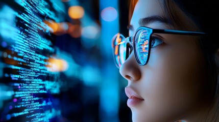 Woman in glasses immersed in programming, reading HTML code while digital holograms of data analytics and cyber security elements appear around her, representing the fusion of coding and IT research