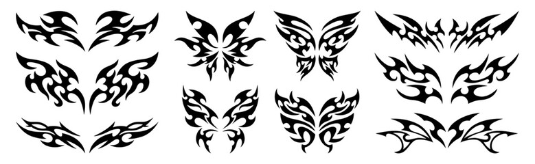 Neo tribal y2k tattoo, cyber sigilism elements. Vector set of neotribal symmetrical shapes, abstract silhouettes, celtic gothic body ornaments. Black emo retro stickers of heart, butterfly with wings
