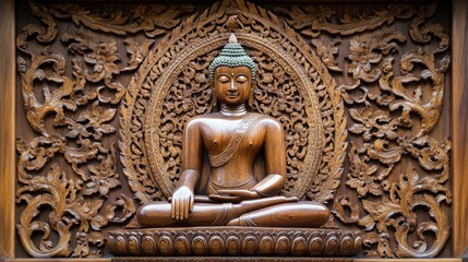An intricate wood carving of the Buddha at Wat Luang Phor Toh, a spiritual landmark.