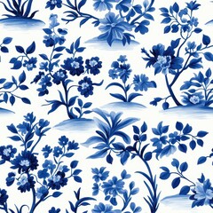 A vibrant blue and white floral pattern featuring various flowers and plants, creating a fresh and elegant design.