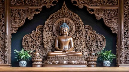 Fototapeta premium An intricate wood carving of the Buddha at Wat Luang Phor Toh, a spiritual landmark.