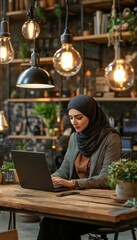 Obraz premium Focused Muslim Businesswoman in Hijab Working Remotely on Laptop in a Trendy Cafe Setting