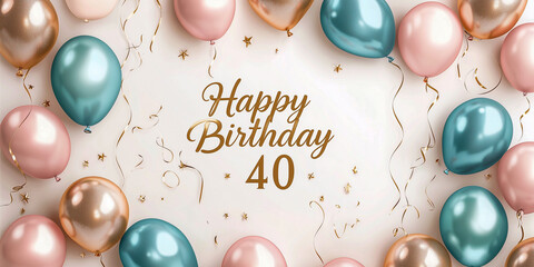 40 Years - Happy Birthday lettering with golden confetti on white background
