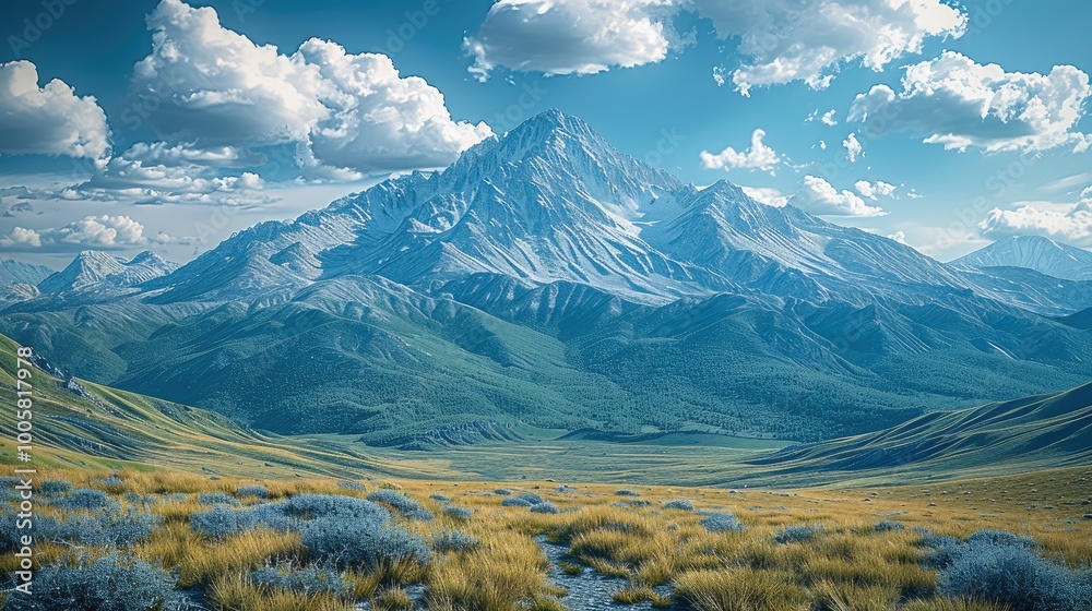 Poster a mountain range. the nearest peak appears tall and dominant under a vast sky.