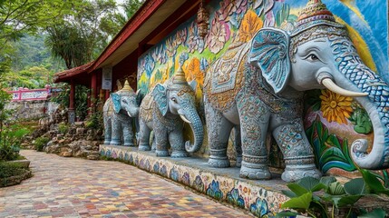 Obraz premium Elephant sculptures and vibrant murals decorating the grounds of Wat Ban Rai.