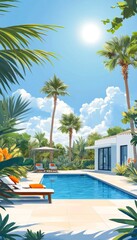 Fototapeta premium Luxury Villa with Private Swimming Pool on a Sunny Summer Day. Perfect Vacation Getaway.