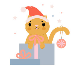 cute kitten sitting in a gift box wearing a Christmas red hat