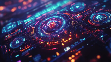 Fototapeta premium Futuristic digital interface with vibrant neon colors and intricate patterns, showcasing advanced technology and data visualization. glowing elements create dynamic and immersive atmosphere