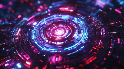 Obraz premium Futuristic digital abstract design featuring vibrant blue and pink circular patterns, creating mesmerizing visual effect. intricate details evoke sense of advanced technology and innovation