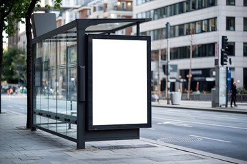 Urban bus stop and blank vertical billboard amidst trees and buildings