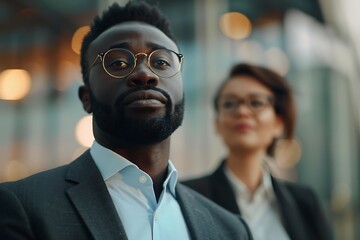 Fototapeta premium A confident professional wearing glasses stands in focus, with a smiling colleague blurred in the background, suggesting teamwork in a corporate setting.