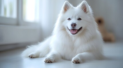 Fototapeta premium Adorable and fluffy Samoyed puppy sitting comfortably on a soft surface in a cozy home setting,with a relaxed and cheerful expression on its face,creating a warm and inviting atmosphere.