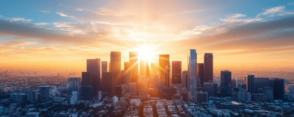 Fototapeta premium A stunning skyline view at sunrise, showcasing modern buildings bathed in warm golden light against a dramatic sky.